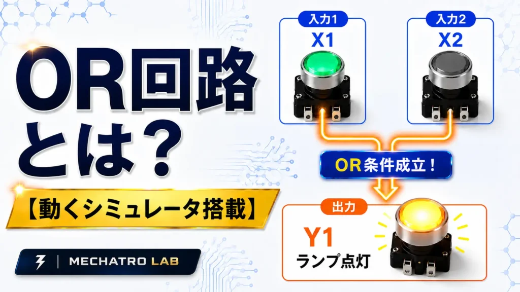 OR回路とは何かを初心者向けに解説するアイキャッチ画像。入力X1またはX2がONで出力Y1が点灯するOR回路の動作を表現。
