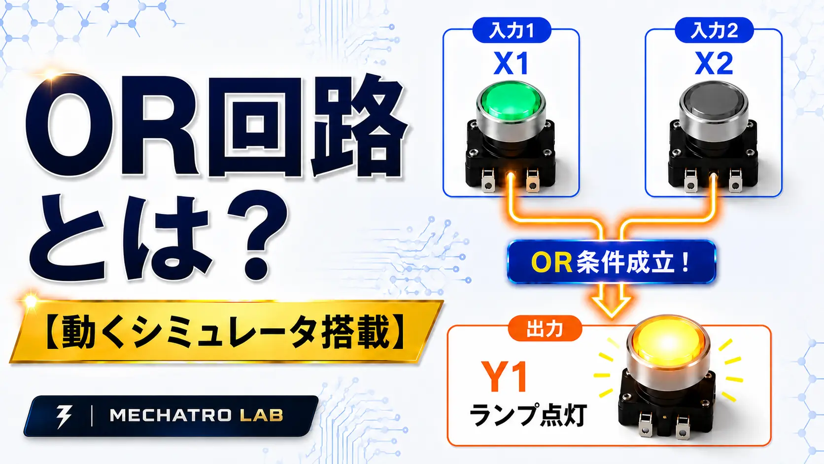 OR回路とは何かを初心者向けに解説するアイキャッチ画像。入力X1またはX2がONで出力Y1が点灯するOR回路の動作を表現。