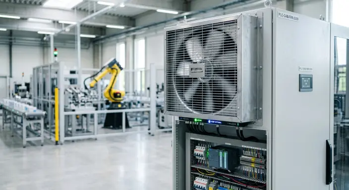 近未来的な工場のクリーンルームに設置された、産業用制御盤の金属製冷却排気ファンと内部のPLC配線