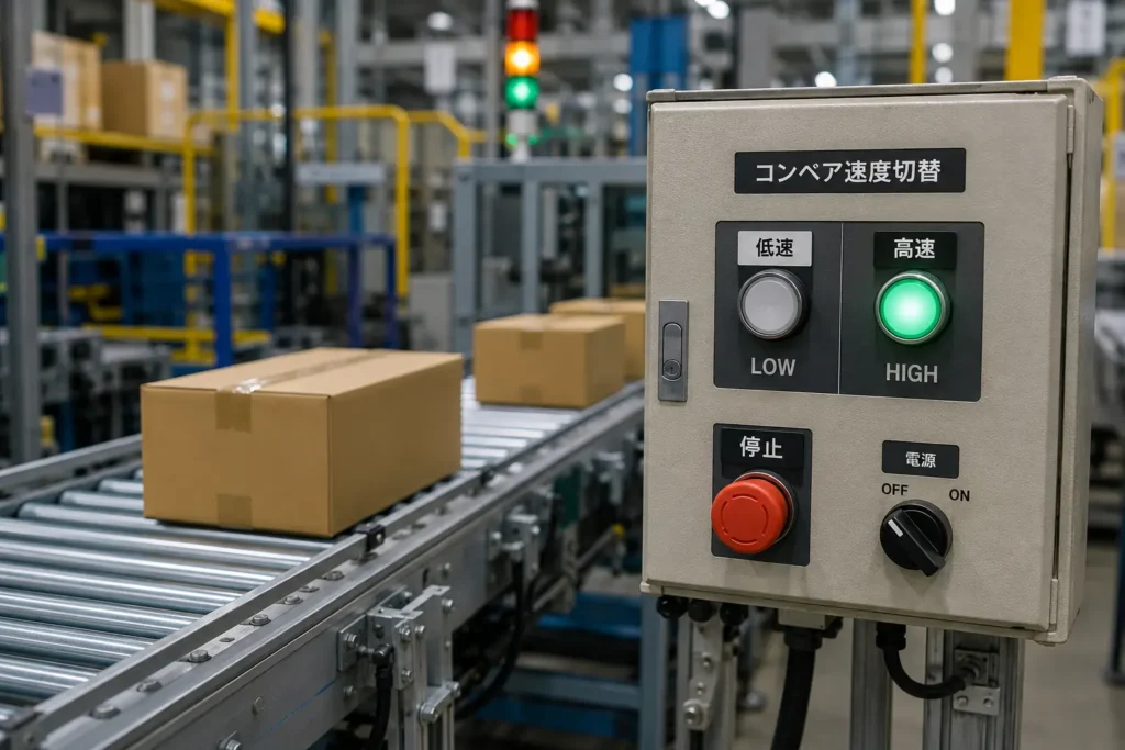 新入力優先回路（後着優先回路）の使用例。コンベアの低速・高速を切り替える際に、最後に選択した速度が有効になるイメージ図。