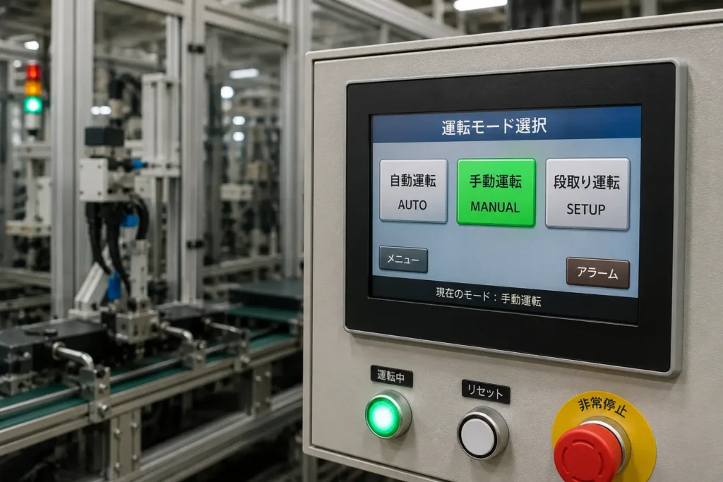 新入力優先回路（後着優先回路）の使用例。設備のAUTO・MANUALなどの運転モード切り替えで、最後に選択したモードが有効になるイメージ図。