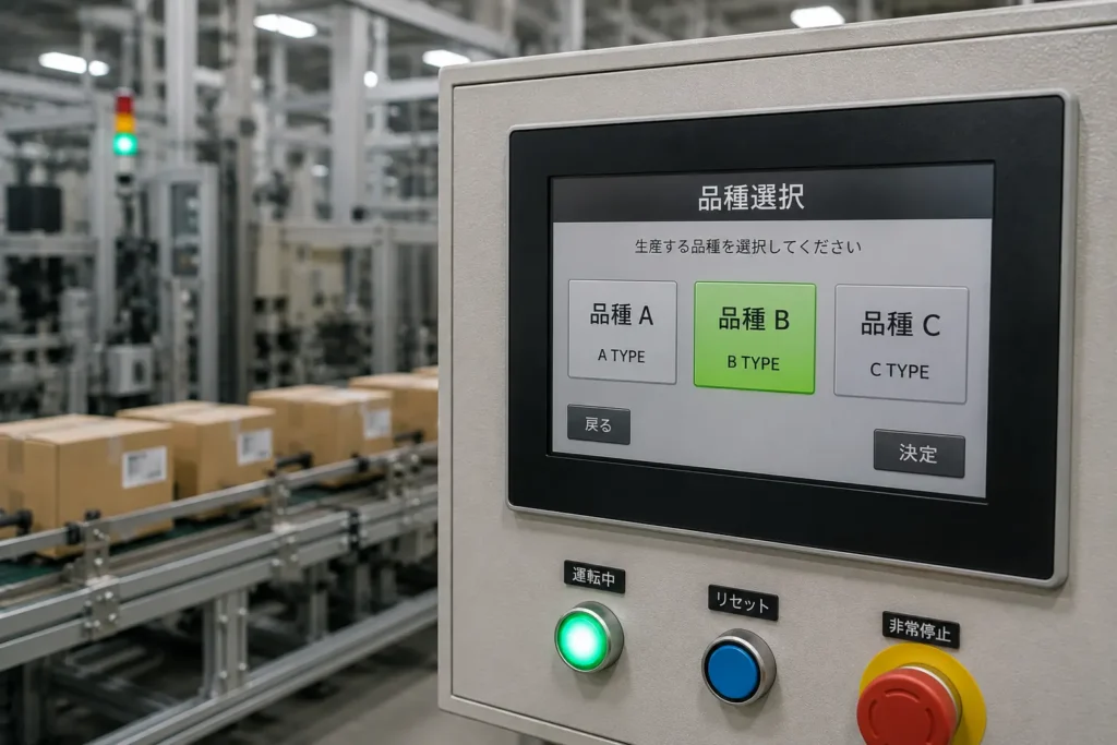 新入力優先回路（後着優先回路）の使用例。生産設備で製品A・B・Cの品種を切り替える際に、最後に選択した品種が有効になるイメージ図。