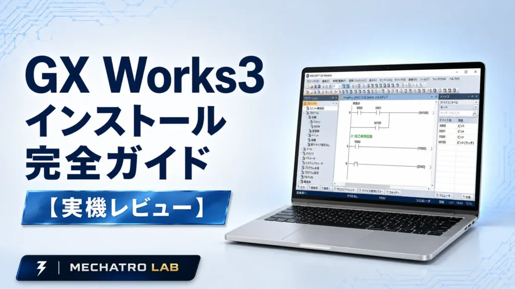GX Works3のインストール方法を解説する完全ガイドのアイキャッチ画像。ノートPCにGX Works3のラダー編集画面を表示した実機レビュー。