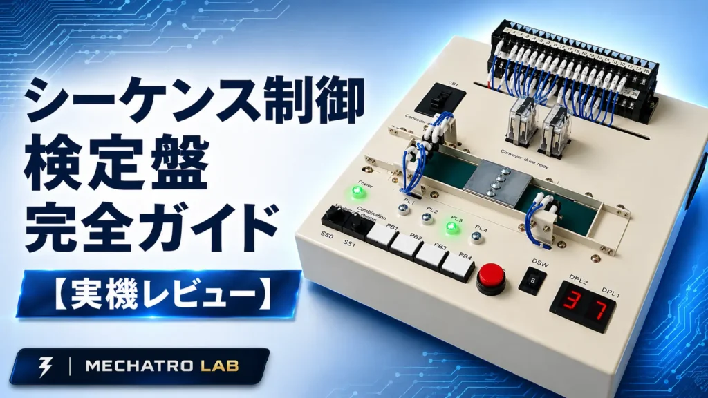 シーケンス制御技能検定盤の実機レビューを紹介するアイキャッチ画像。検定盤本体と「シーケンス制御 検定盤 完全ガイド」のタイトルを表示。