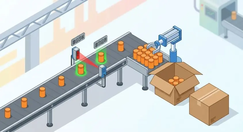 コンベアを流れる製品をセンサでカウントし箱詰めを行う生産設備のイメージ図